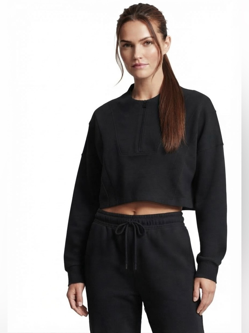 Black 3/4 Zip Long Sleeve Crop Top